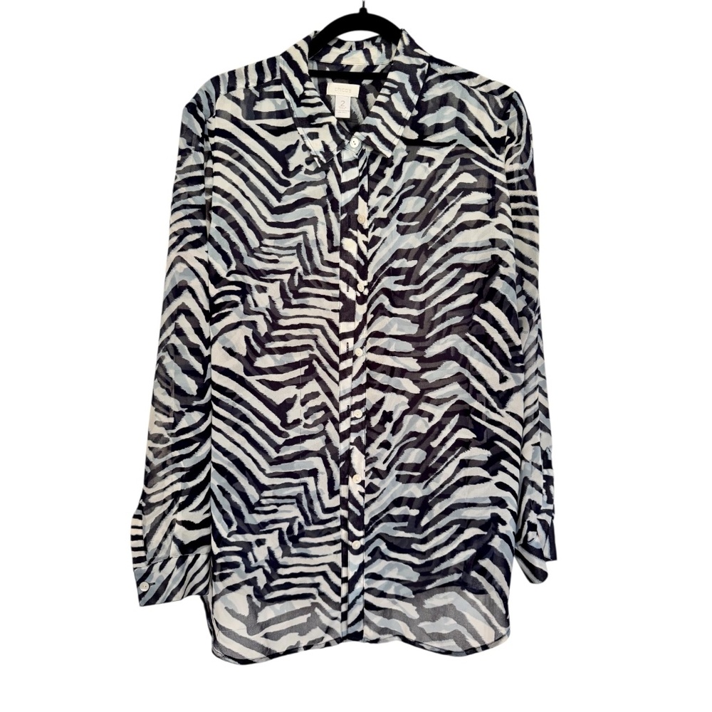 Chicos Sheer Navy/Light Blue Animal Print Blouse, sz 2